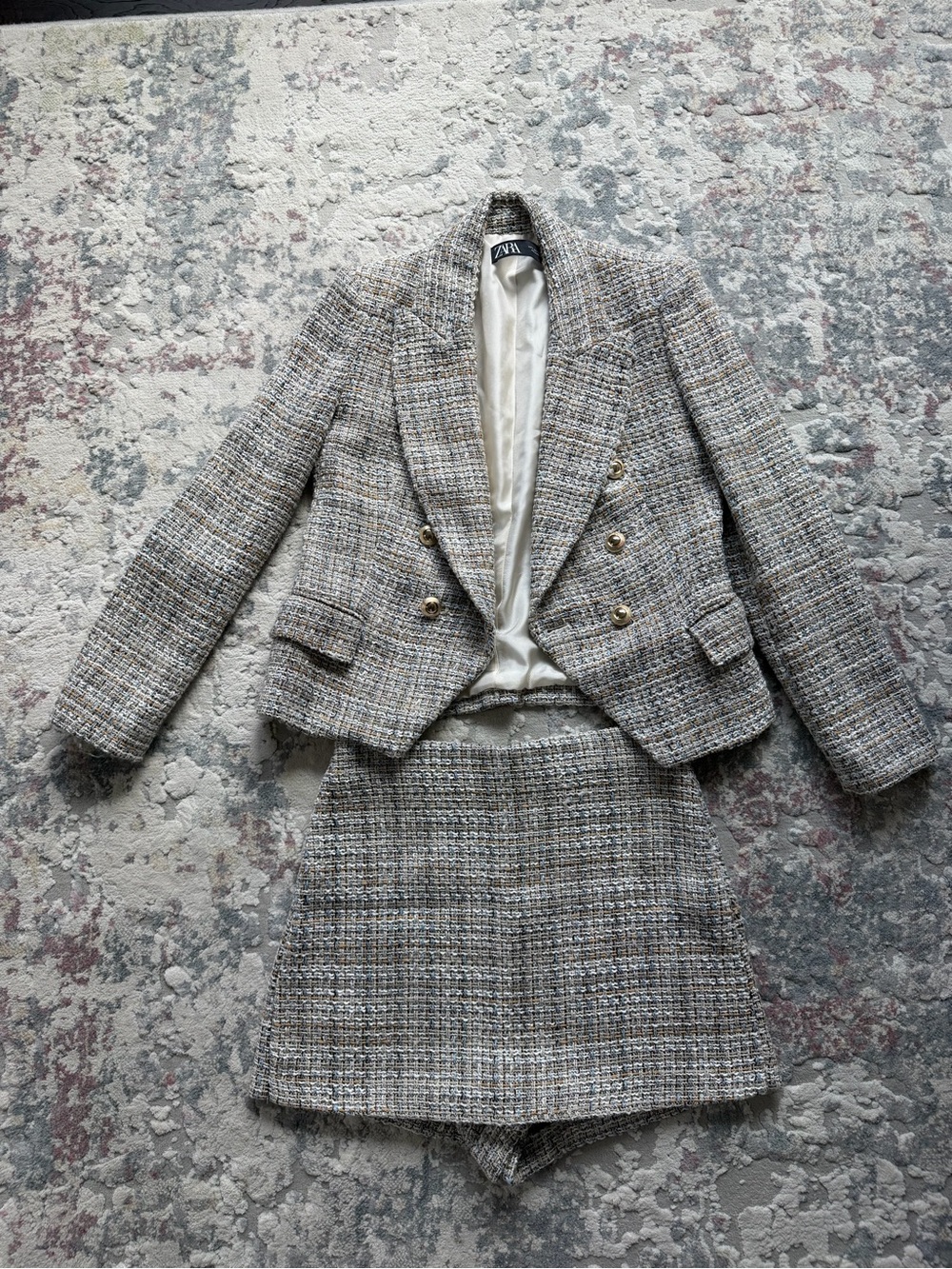 Zara Neutral Tweed Set Double-Breasted Blazer with Gold Buttons and Skort.